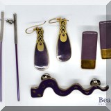 J140. Lot of 3 pairs of purple earrings and a snake pin. - $40 